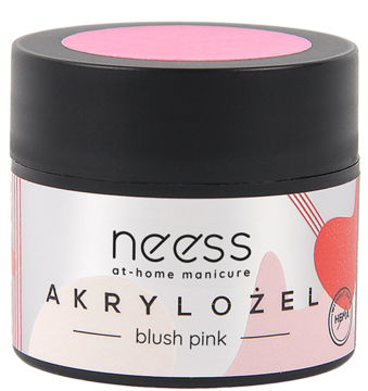 Akrylożel Neess HEMA FREE, blush pink, w okrągłym słoiczku z czarną nakrętką, widok pod lekkim kątem z góry.