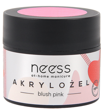 Akrylożel Neess HEMA FREE, blush pink, w okrągłym słoiczku z czarną nakrętką, widok pod lekkim kątem z góry.