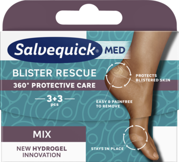 Salvequick MED Blister Rescue plastry hydrożelowe mix, fioletowe opakowanie z wizualizacją stopy.