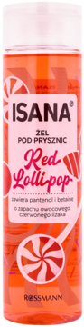 Czerwony żel pod prysznic Isana Red Lollipop w przezroczystej butelce z etykietą z motywem lizaków, widok z przodu.