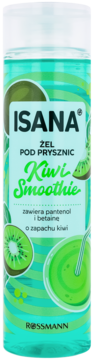 ISANA Żel pod Prysznic Kiwi Smoothie, butelka z zielonym płynem i owocami kiwi, zawiera pantenol, widok z przodu.
