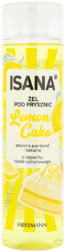 ISANA Żel pod prysznic Lemon Cake z pantenolem w przezroczystej butelce z cytrynową etykietą, widok z przodu.