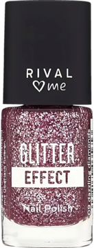 Brokatowy lakier Rival Loves Me Glitter Effect 09 Dazzling Diamonds. Różowy, w szklanej butelce z czarną nakrętką.