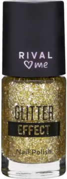 Złoty brokatowy lakier do paznokci Rival me Glitter Effect w przezroczystej butelce z czarną nakrętką.