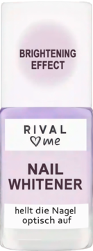 Rival Loves Me wybielający lakier do paznokci w fioletowej butelce, z napisem NAIL WHITENER i BRIGHTENING EFFECT.