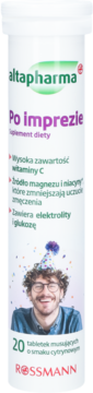Biała tuba Altapharma Po imprezie, cytrynowe tabletki musujące na zmęczenie. Obrazek uśmiechniętego mężczyzny.