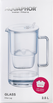 Aquaphor szklany dzbanek filtrujący 2.5L w białym pudełku, widok z przodu, z filtrem Maxfor+ MG.