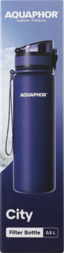 Aquaphor City, granatowa butelka filtrująca do wody 0.5L z Tritanu. W pudełku, widok z przodu.