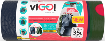 Zapachowe worki na śmieci viGo! 35L z elastyczną taśmą, w zrolowanym opakowaniu, widok z przodu.