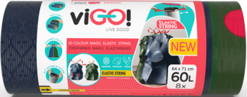 Zrolowane worki na śmieci viGo! 60L, dwukolorowe, z elastycznym ściągaczem, widok z przodu opakowania.