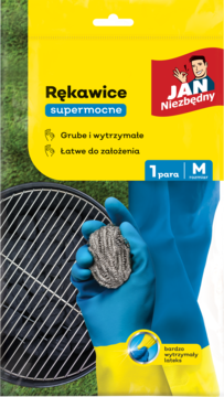 Rękawice Jan Niezbędny Supermocne M, niebiesko-żółte, na opakowaniu trzymają szczotkę do grilla.