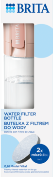 BRITA butelka filtrująca Vital 0.6L, różowo-przezroczysta, z 2 filtrami MicroDisc, w białym opakowaniu.