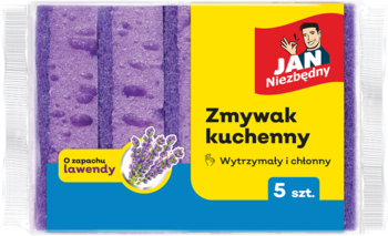 Opakowanie 5 fioletowych, porowatych zmywaków kuchennych Jan Niezbędny o zapachu lawendy, widok z przodu.