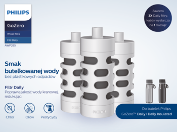 Trzy białe filtry Philips GoZero Daily, cylindryczne, z szarymi, ażurowymi elementami. Widok z przodu, na jasnym tle.