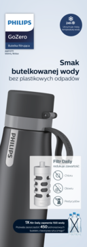 Philips GoZero Daily, szara butelka filtrująca 550ml ze stali, przód. Redukuje chlor, ołów i pestycydy, utrzymuje zimno.