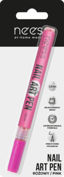 Różowy pisak Neess NAIL ART PEN 3.8 ml w przezroczystym opakowaniu, na szarym tle, do zdobień paznokci.