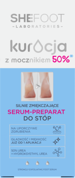Reklama SheFoot Laboratories: serum-kuracja do stóp z 50% mocznika, pokazuje efekty zmiękczające przed i po.