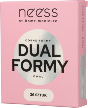 Różowe pudełko Neess Dual Formy owalne do paznokci, 36 sztuk, z dużym srebrnym kołem, widok z przodu.