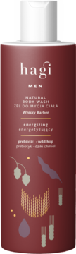 Hagi Men Whisky Barber Energetyzujący Źel do Ciała, ciemnobordowa butelka z grafiką chmielu, widok z przodu.