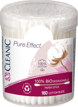 Cleanic Pure Effect, 160 biodegradowalnych patyczków higienicznych w przezroczystym pojemniku z różową etykietą.