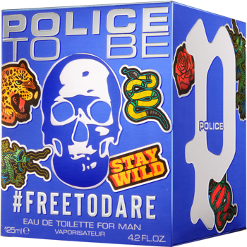 Police To Be #FREETODARE Eau de Toilette w niebieskim pudełku z białym czaszką i kolorowymi wzorami, ujęcie z przodu i boku.