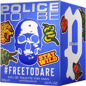 Police To Be #FREETODARE Eau de Toilette w niebieskim pudełku z białym czaszką i kolorowymi wzorami, ujęcie z przodu i boku.