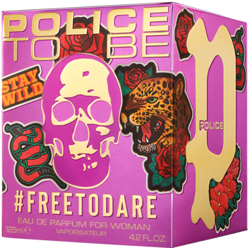 Damska woda perfumowana Police #FREETODARE, różowe pudełko ze złotą czaszką i leopardem, widok z przodu.