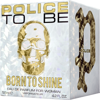 Police To Be Born To Shine, damska woda perfumowana, białe pudełko ze złotą czaszką i literą P, widok przód i bok.