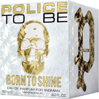 Police To Be Born To Shine, damska woda perfumowana, białe pudełko ze złotą czaszką i literą P, widok przód i bok.