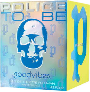 Police To Be Goodvibes EDT, pudełko z niebieską czaszką na irydującym tle, żółty bok z logo, widok z przodu i z boku.