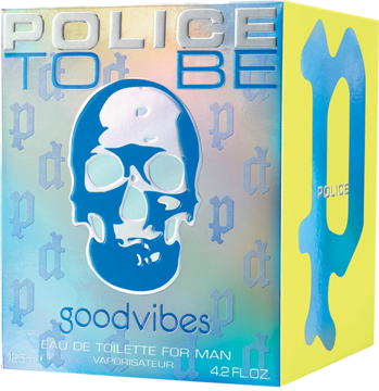 Police To Be Goodvibes EDT, pudełko z niebieską czaszką na irydującym tle, żółty bok z logo, widok z przodu i z boku.