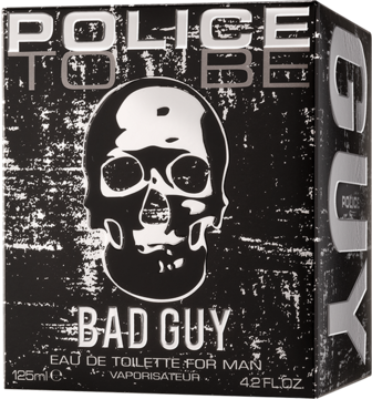 Police To Be Bad Guy woda toaletowa dla mężczyzn, czarne pudełko z białym szkieletem i srebrnym napisem, widok z przodu.