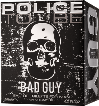Police To Be Bad Guy woda toaletowa dla mężczyzn, czarne pudełko z białym szkieletem i srebrnym napisem, widok z przodu.