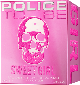 Różowe pudełko perfum Police To Be Sweet Girl dla kobiet, z brokatową czaszką i napisami, widok z przodu.