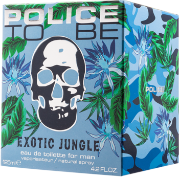 Police To Be Exotic Jungle woda toaletowa dla mężczyzn. Jasnoniebieskie pudełko z czaszką i tropikalnymi liśćmi, widok z przodu.
