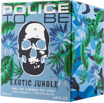 Police To Be Exotic Jungle woda toaletowa dla mężczyzn. Jasnoniebieskie pudełko z czaszką i tropikalnymi liśćmi, widok z przodu.