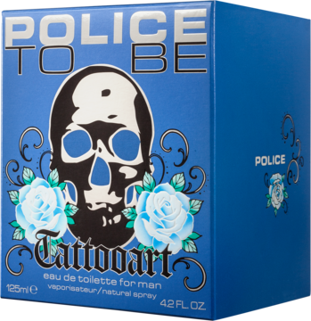 Police To Be Tattooart woda toaletowa męska. Niebieskie pudełko z czarną czaszką i niebieskimi różami, widok z przodu pod kątem.