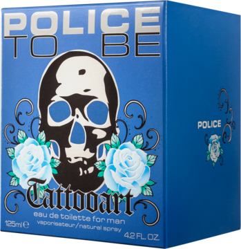 Police To Be Tattooart woda toaletowa męska. Niebieskie pudełko z czarną czaszką i niebieskimi różami, widok z przodu pod kątem.