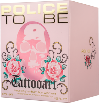 Police To Be Tattooart woda perfumowana. Różowe pudełko z tatuażową czaszką i różami. Widok od przodu i z boku.