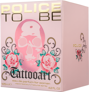 Police To Be Tattooart woda perfumowana. Różowe pudełko z tatuażową czaszką i różami. Widok od przodu i z boku.
