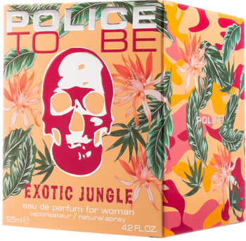 Police To Be Exotic Jungle woda perfumowana, pudełko z białym szkieletem na pomarańczowo-zielonym tle tropikalnym.