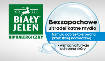 Logo Biały Jeleń Hipoalergiczny z opisem: Bezzapachowe ultradelikatne mydło do skóry wrażliwej.