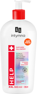 AA Intymna Help kojąca emulsja do higieny intymnej, biała butelka z czerwoną pompką i napisem HELP, widok z przodu.