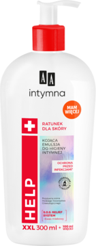 AA Intymna Help kojąca emulsja do higieny intymnej, biała butelka z czerwoną pompką i napisem HELP, widok z przodu.
