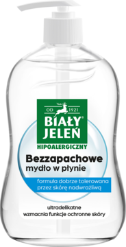 BIAŁY JELEŃ Hipoalergiczny ,mydło w płynie, bezzapachowe, ultradelikatne, do skóry wrażliwej,przód