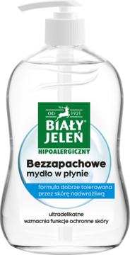Biały Jeleń hipoalergiczne bezzapachowe mydło w płynie w przezroczystej butelce z białą pompką, widok z przodu.