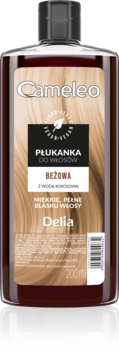 Cameleo beżowa płukanka do włosów z wodą kokosową, brązowa butelka 200 ml, widok z przodu.