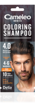 Cameleo Men Coloring Shampoo 4.0 Medium Brown, opakowanie z modelem, do włosów, brody i wąsów Delia.