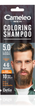 Cameleo MEN Coloring Shampoo 5.0 Light Brown, opakowanie z wizerunkiem brodatego mężczyzny, 10 min. efekt.