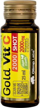 Gold Vit C 2000 SHOT: 25ml wegański suplement z 2000mg witaminy C w brązowej ampułce, żółta etykieta, przód.
